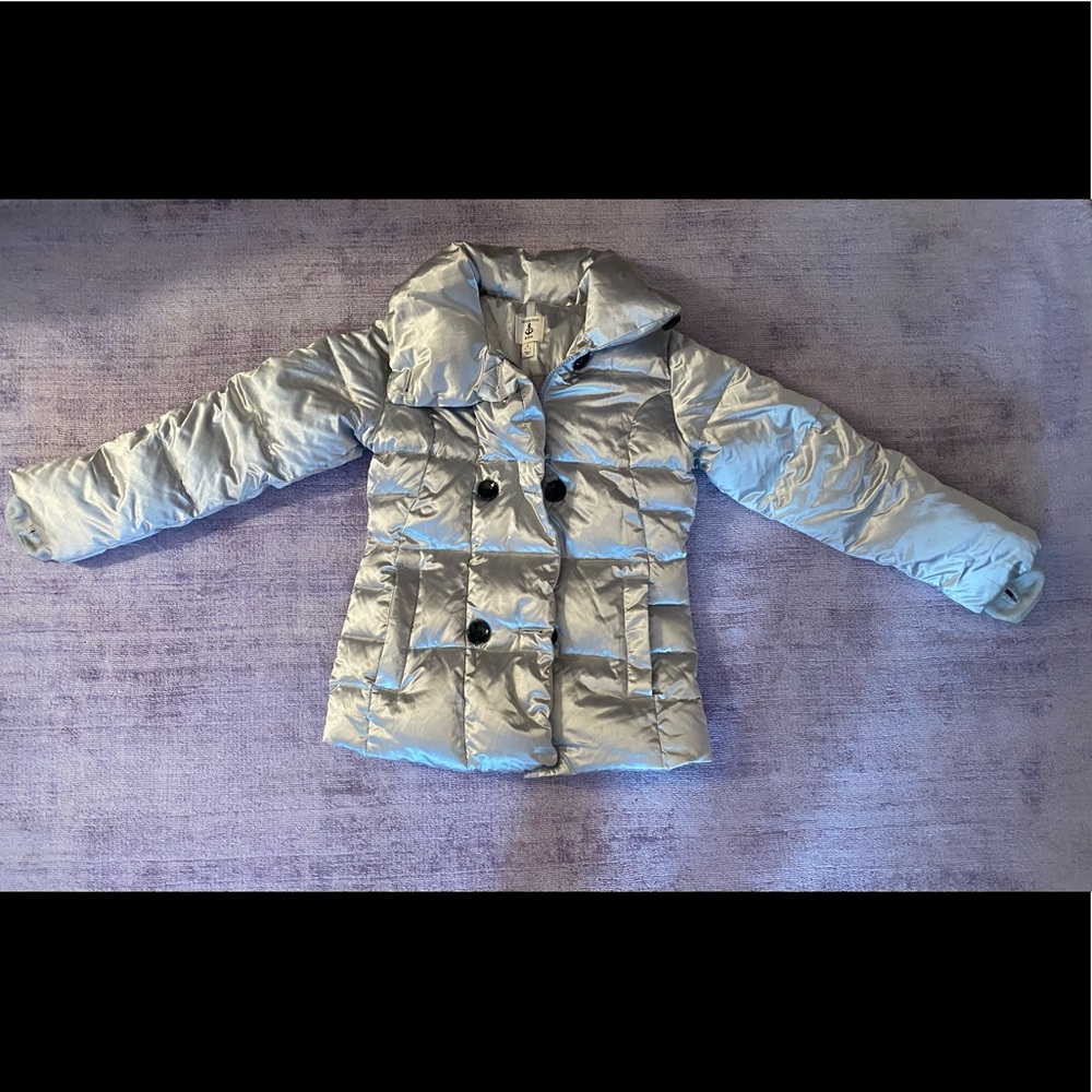 Lands End metallic silver puffer down jacket with button & zipper closure.